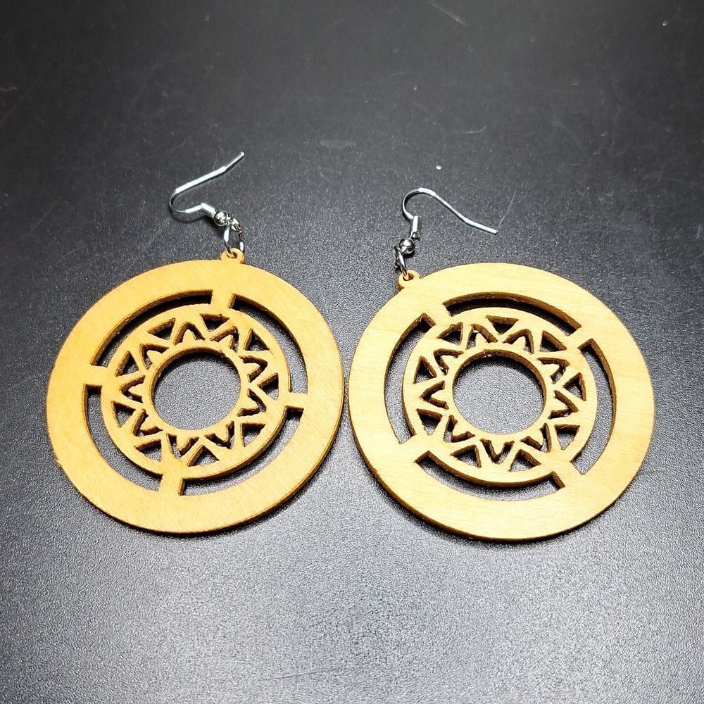 Wood carved round tribal earrings lightweight boho jewelry